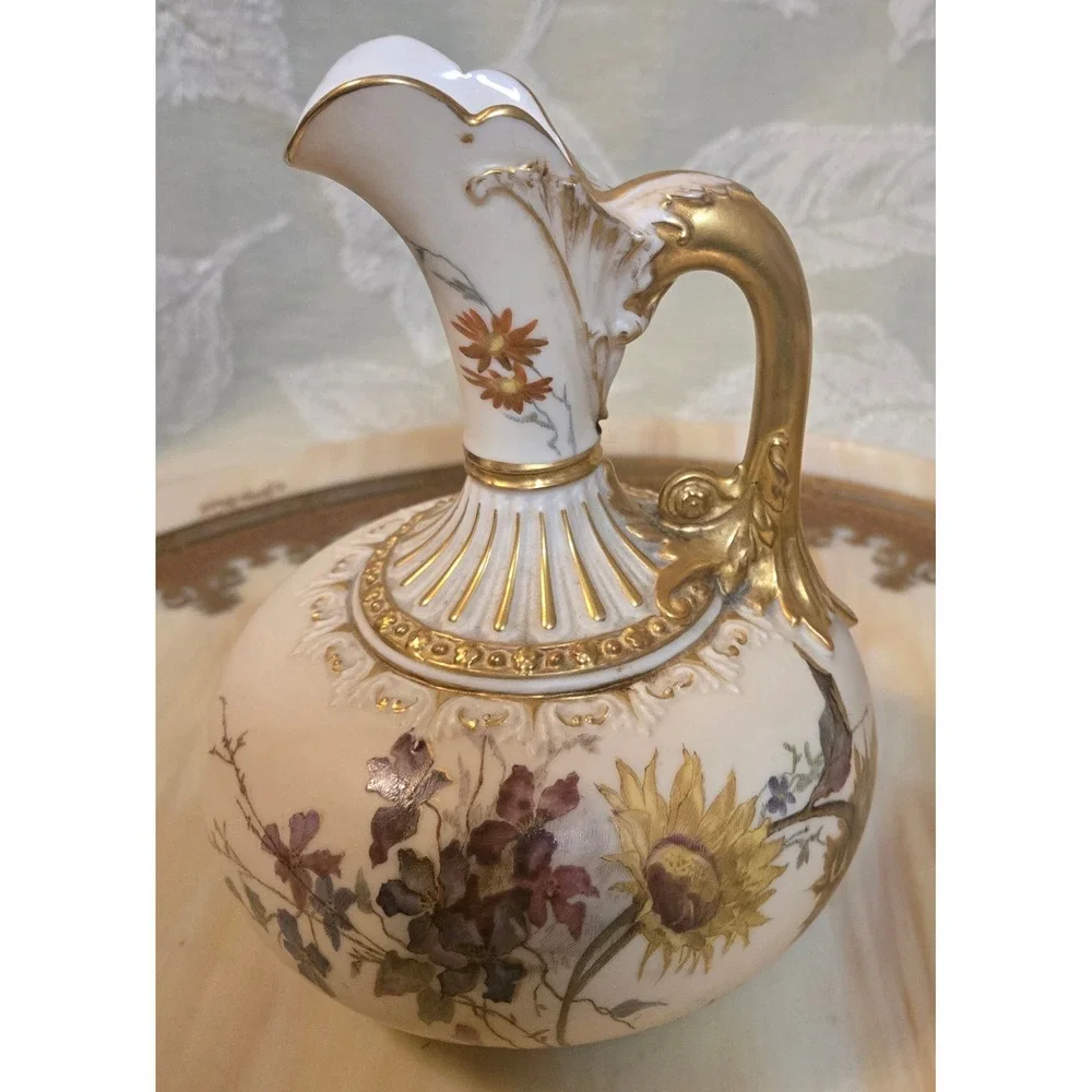 Antique Royal Worcester England Floral Gilt Porcelain Pitcher 1136 Rd No 43555